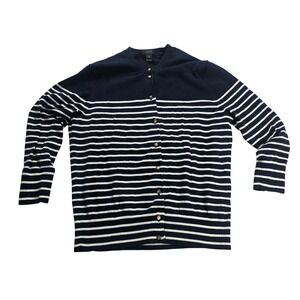 J.Crew Cardigan Sweater Womens Medium Navy Blue White Striped Gold Button